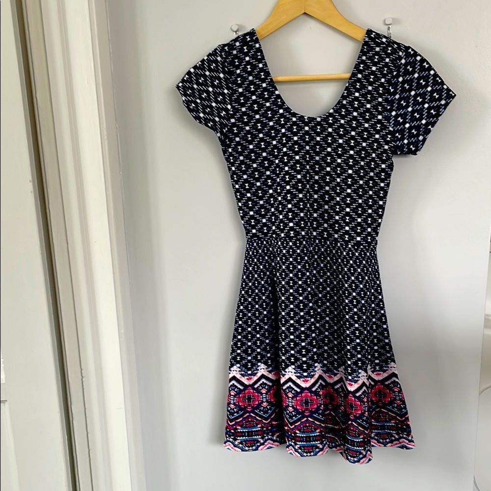 Planet Gold Blue and White Fit and Flare Mini Dress